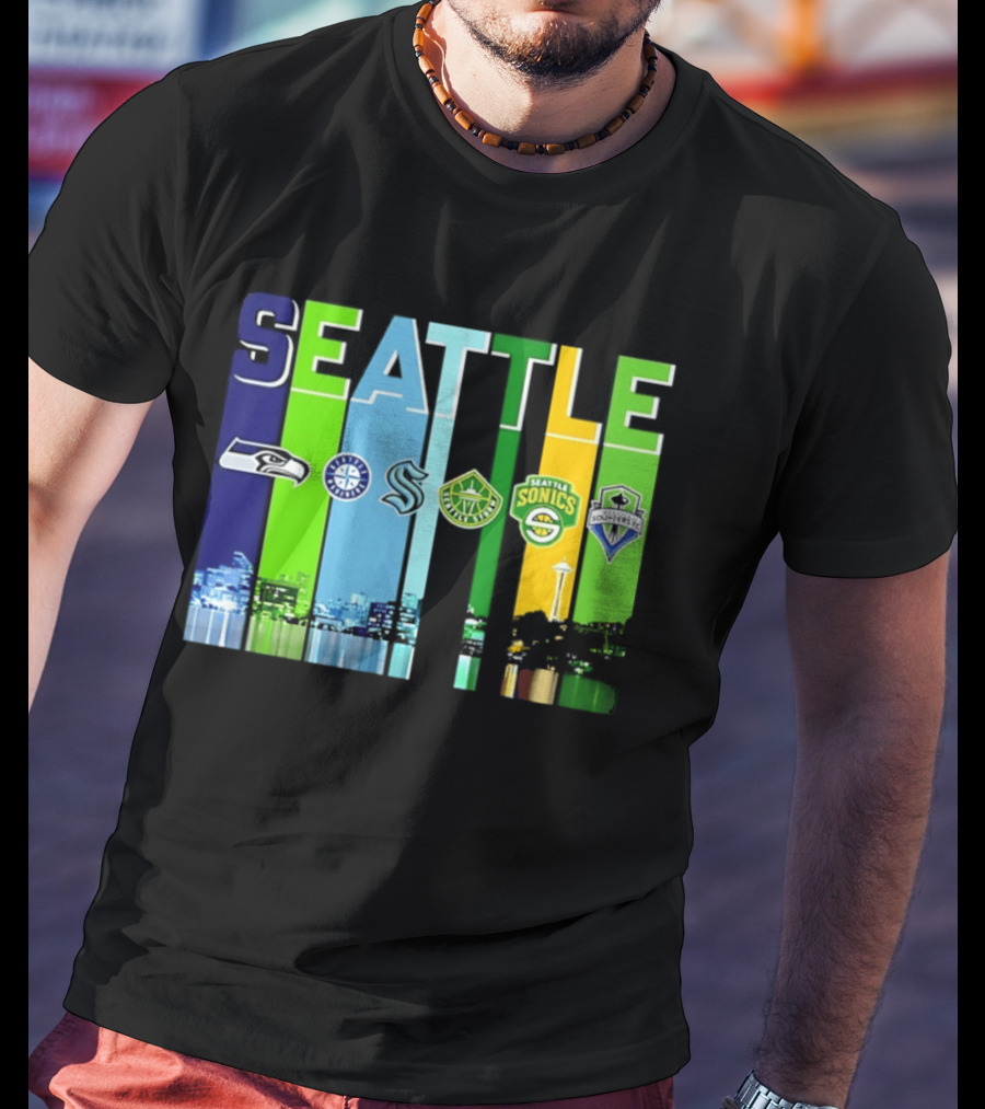 Seattle Seahawks Mariners Kraken Sonics Storm Sounders City Skyline T-Shirt