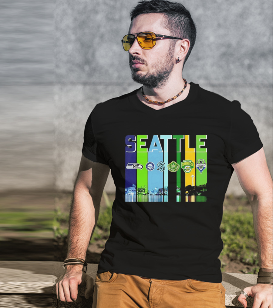 Seattle Seahawks Mariners Kraken Sonics Storm Sounders City Skyline T-Shirt