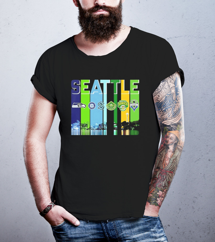 Seattle Seahawks Mariners Kraken Sonics Storm Sounders City Skyline T-Shirt