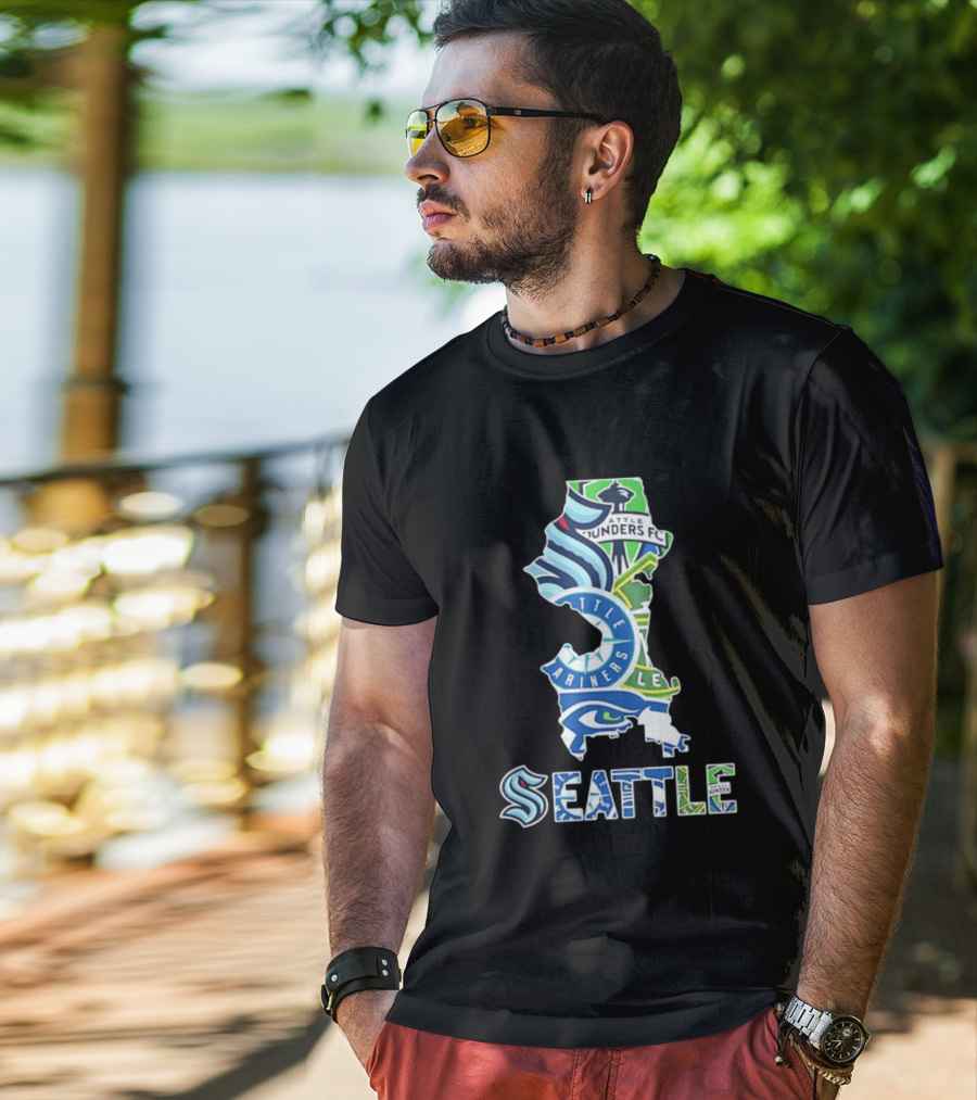 Seattle Kraken Mariners Seahawks Sounders FC Map Collage 2026 T-Shirt