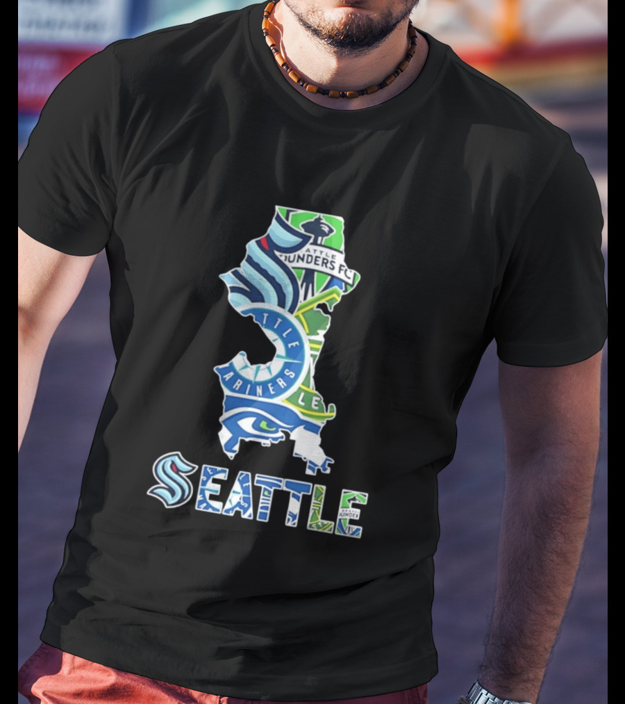 Seattle Kraken Mariners Seahawks Sounders FC Map Collage 2026 T-Shirt