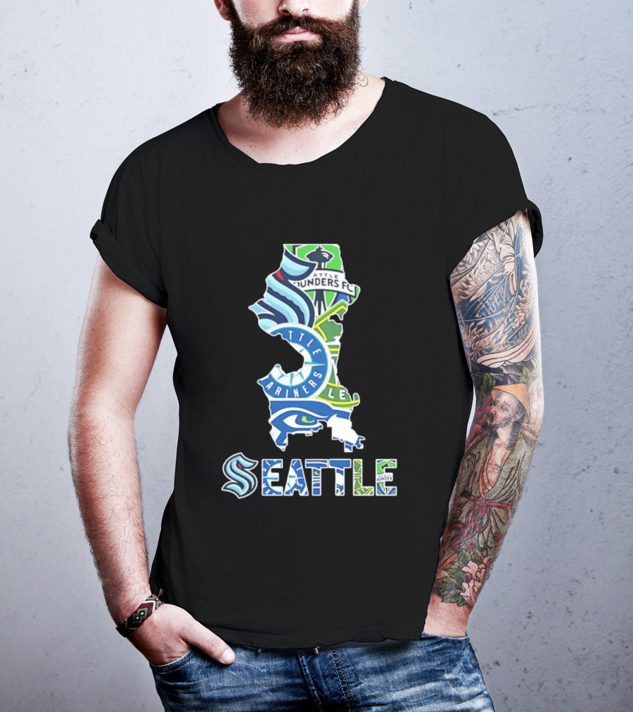 Seattle Kraken Mariners Seahawks Sounders FC Map Collage 2026 T-Shirt