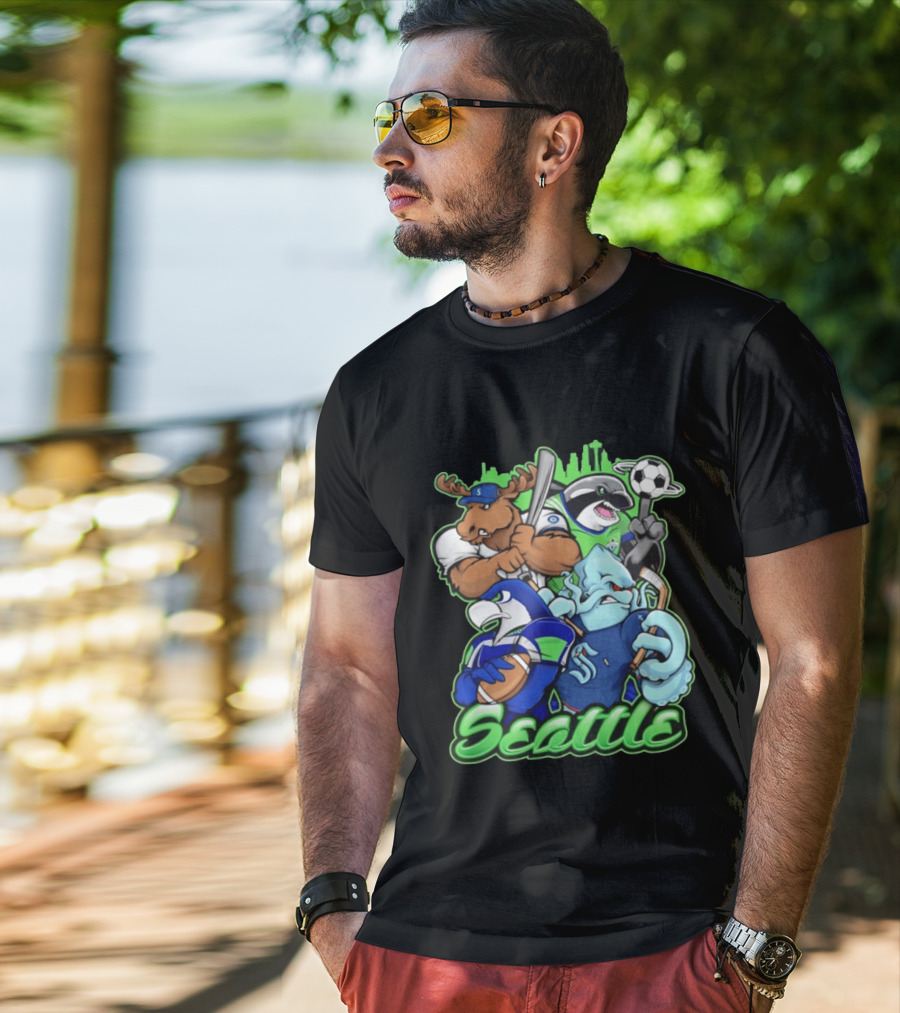 Seattle Sports Team Mascot Mashup With Moose Orca Octopus Bird Skyline T-Shirt
