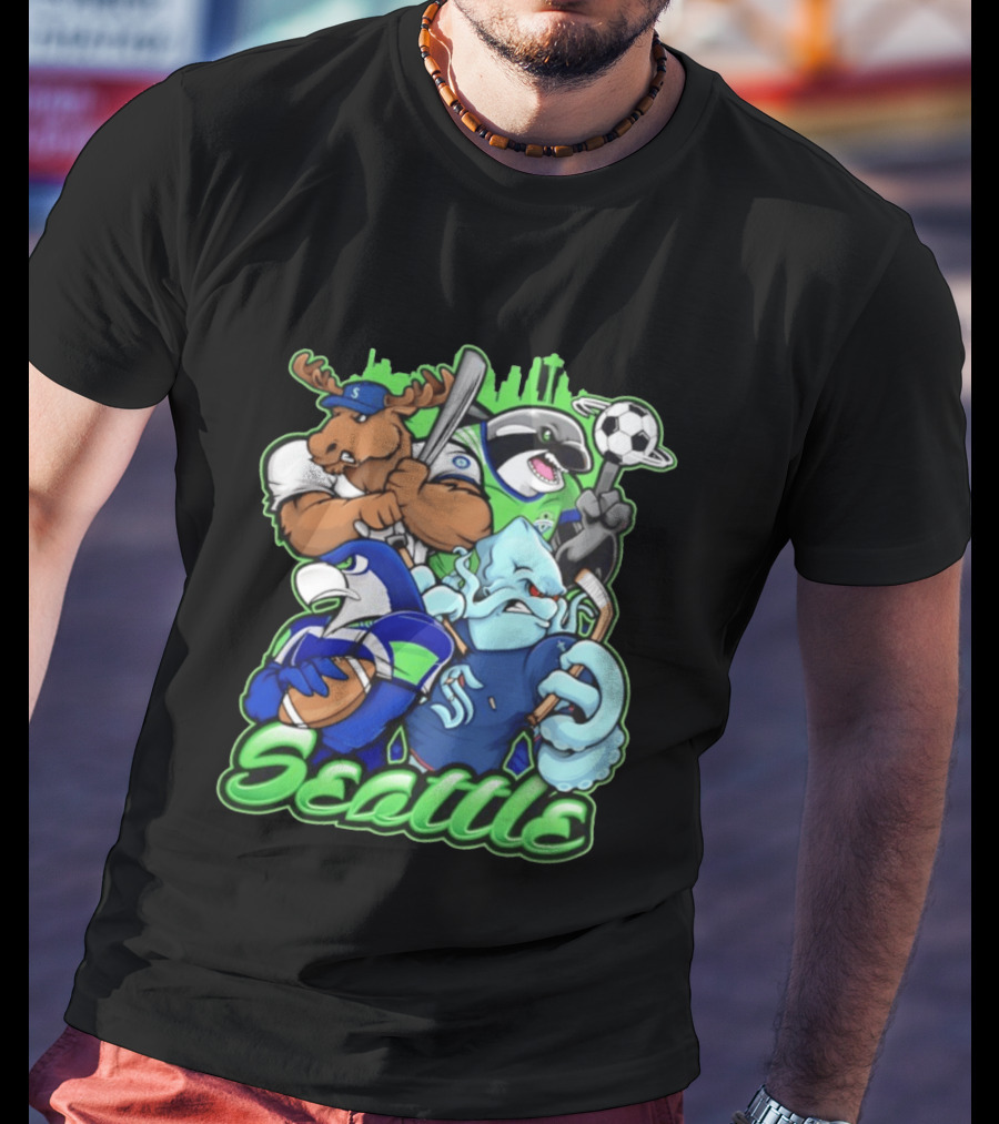Seattle Sports Team Mascot Mashup With Moose Orca Octopus Bird Skyline T-Shirt