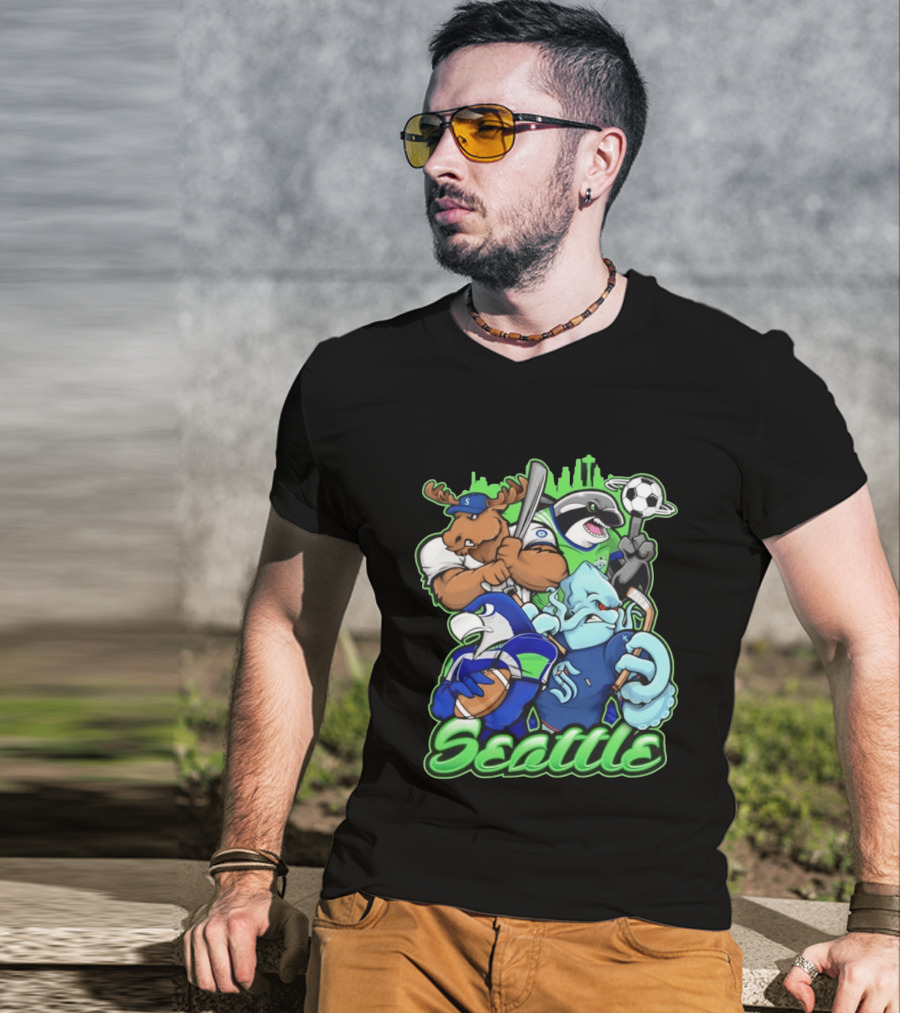 Seattle Sports Team Mascot Mashup With Moose Orca Octopus Bird Skyline T-Shirt
