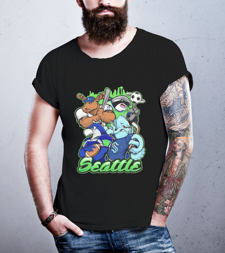 Seattle Sports Team Mascot Mashup With Moose Orca Octopus Bird Skyline T-Shirt