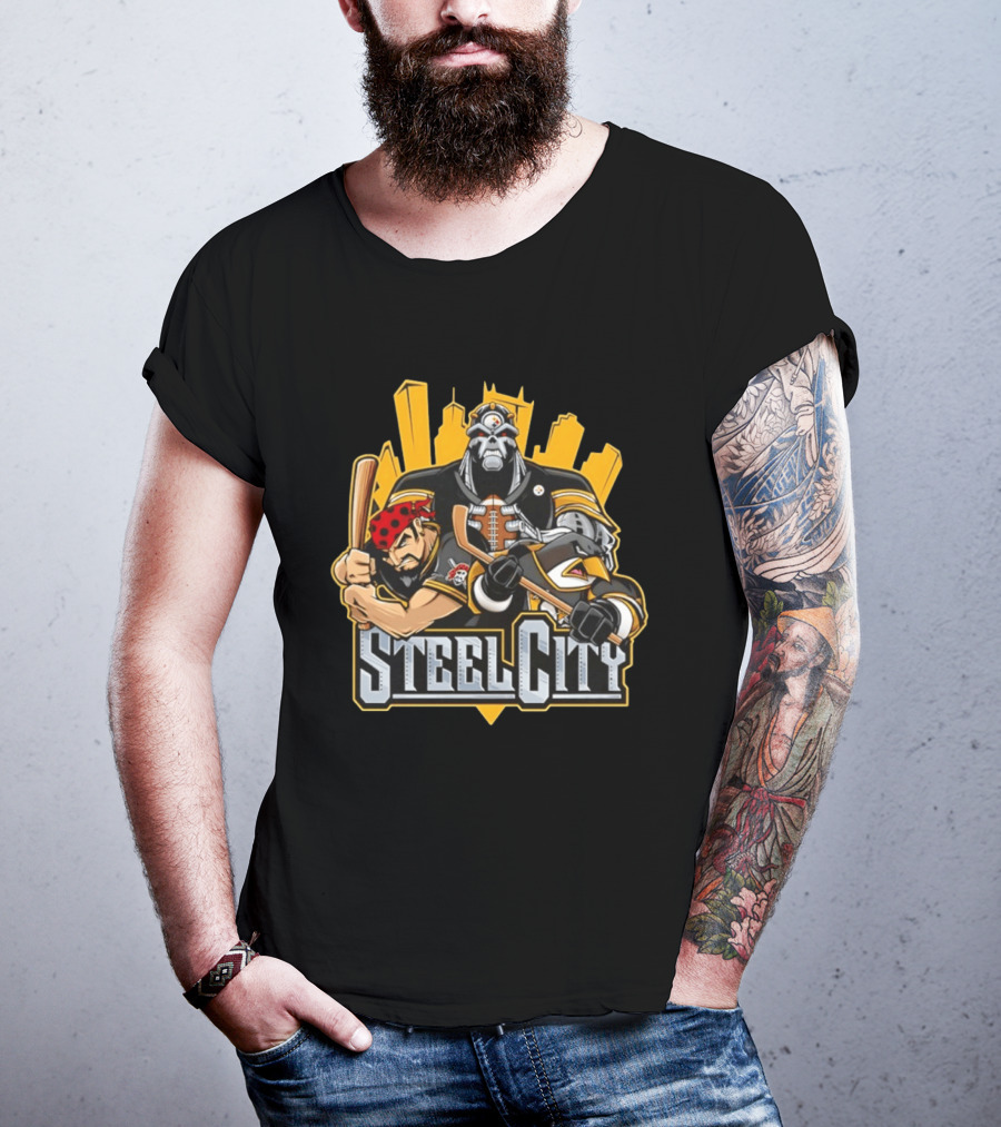 Steel City Pittsburgh Steelers Pirates Penguins Collage 2026 T-Shirt