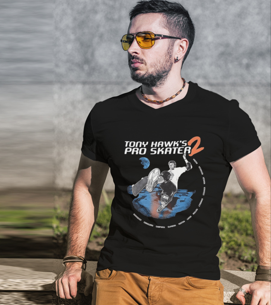 Tony Hawk's Pro Skater 2 Hawk's Back With New Technology New Pros And New Tracks 2 Sided Flip McTwist Skateboarding Legends T-Shirt