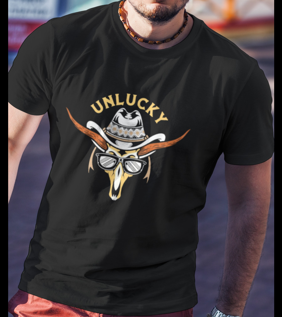 Unlucky Cowboy Skull Sunglasses Western Horns Hat T-Shirt
