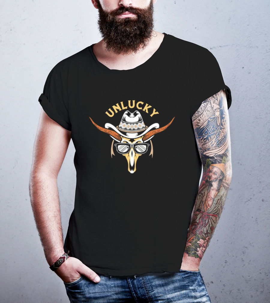 Unlucky Cowboy Skull Sunglasses Western Horns Hat T-Shirt