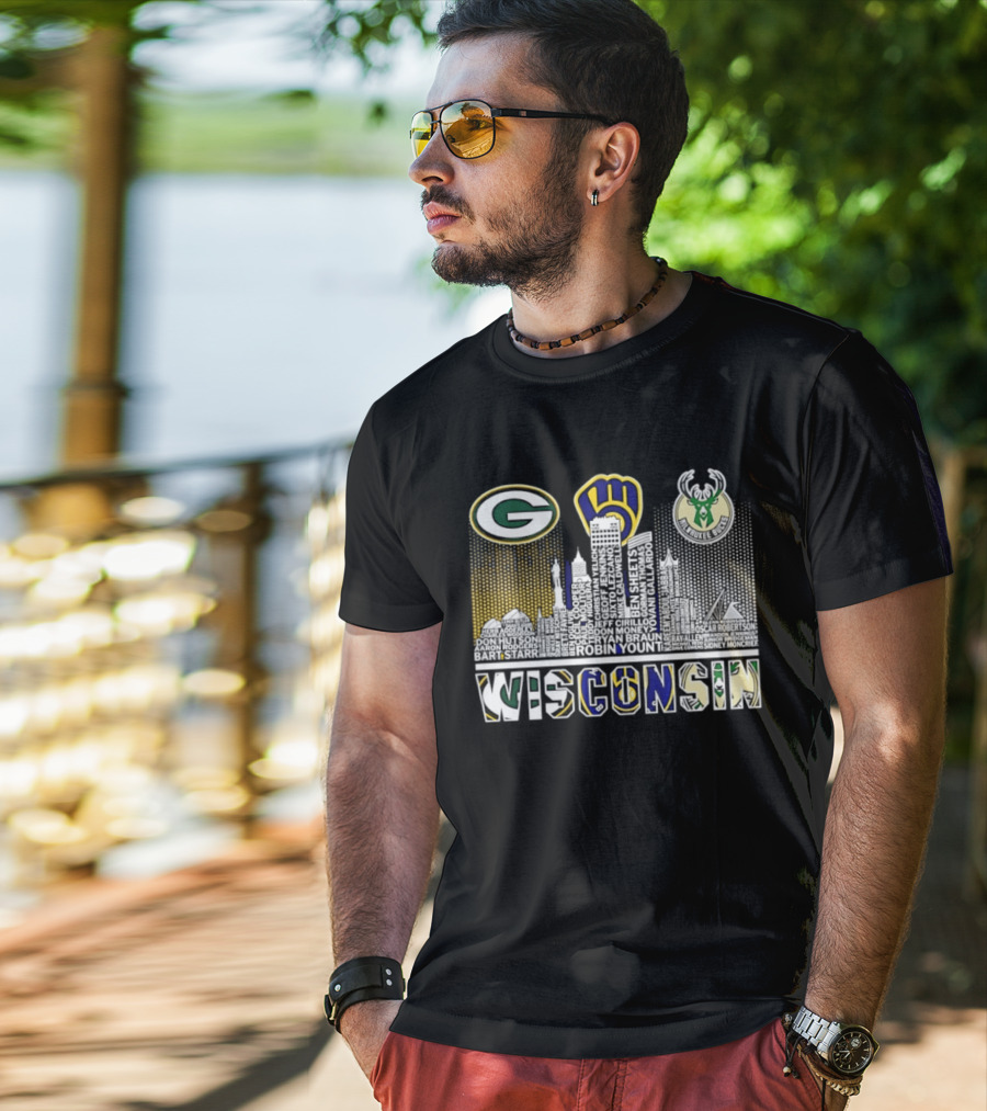 Wisconsin Green Bay Packers Milwaukee Brewers Bucks City Skyline Logos T-Shirt