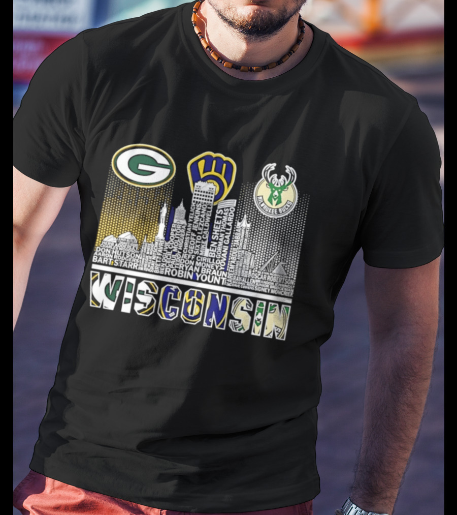 Wisconsin Green Bay Packers Milwaukee Brewers Bucks City Skyline Logos T-Shirt