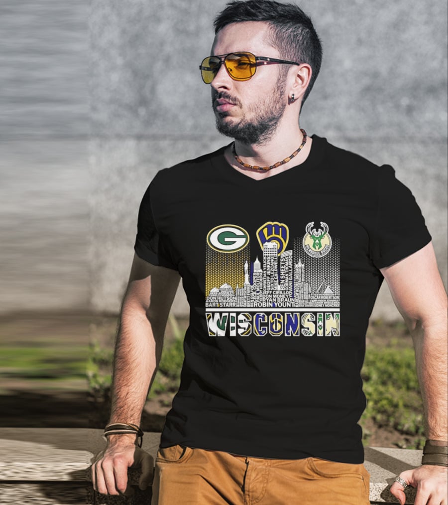 Wisconsin Green Bay Packers Milwaukee Brewers Bucks City Skyline Logos T-Shirt
