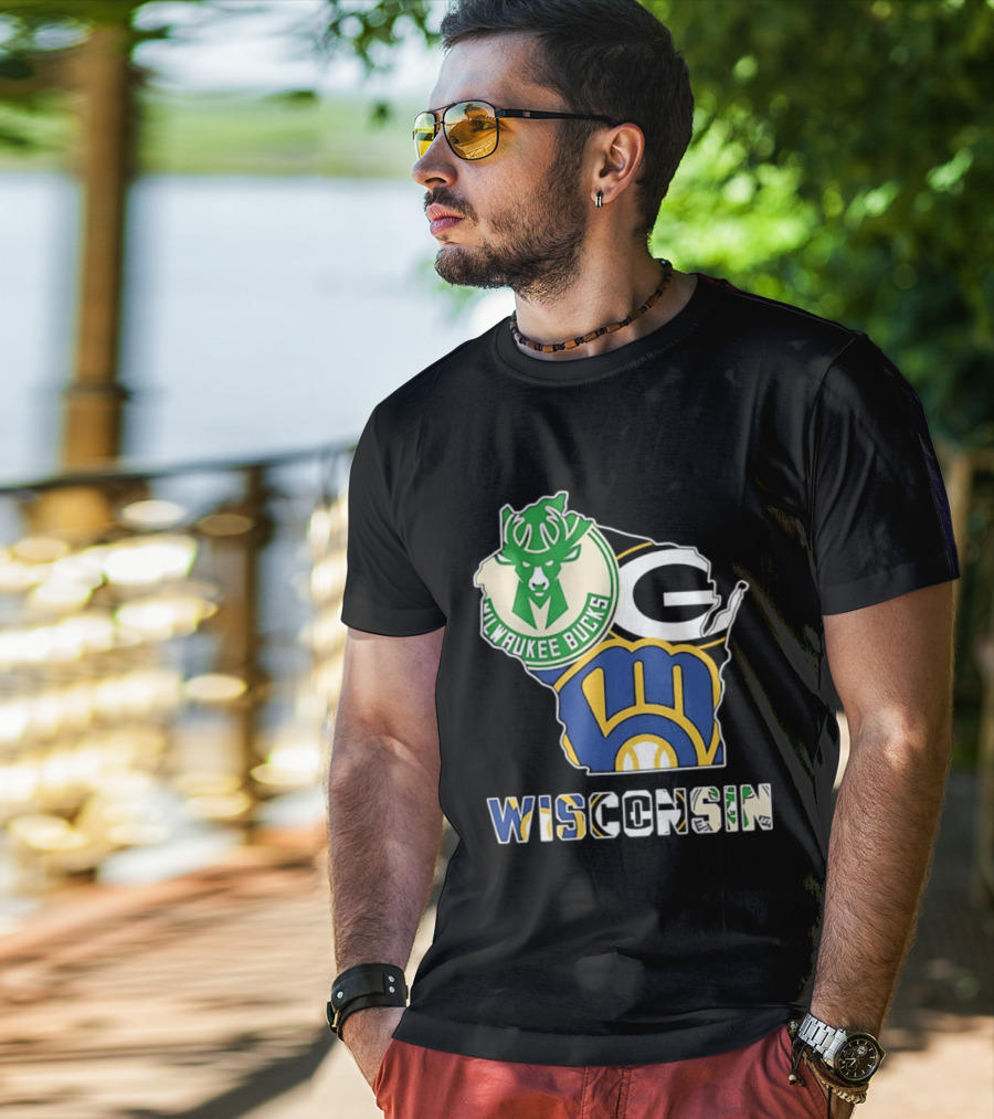Milwaukee Bucks Green Bay Packers Milwaukee Brewers Wisconsin Map T-Shirt