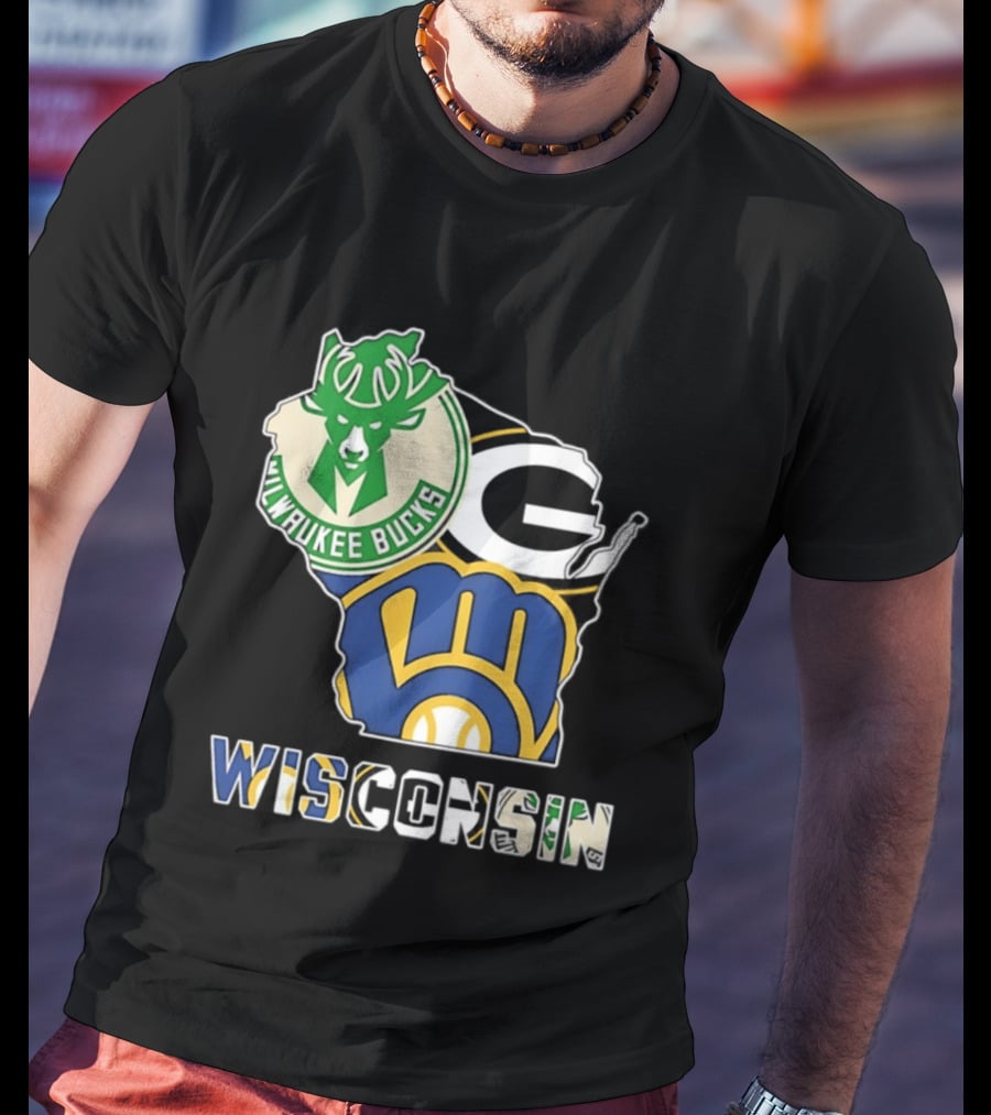 Milwaukee Bucks Green Bay Packers Milwaukee Brewers Wisconsin Map T-Shirt