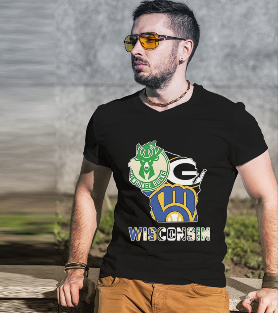 Milwaukee Bucks Green Bay Packers Milwaukee Brewers Wisconsin Map T-Shirt