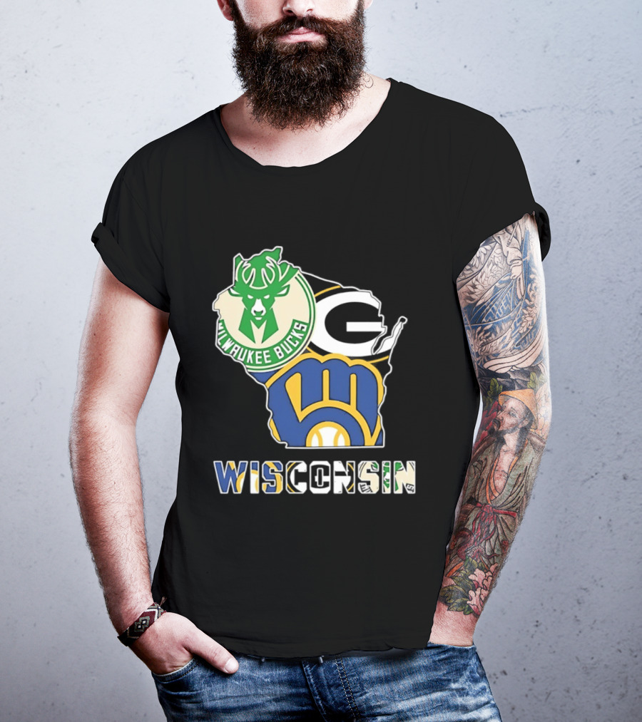Milwaukee Bucks Green Bay Packers Milwaukee Brewers Wisconsin Map T-Shirt