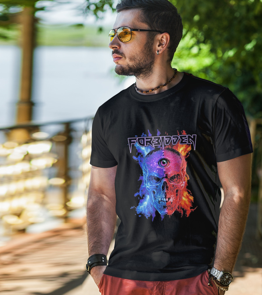 FORBIDDEN Skull Eye Flames Blue Red Fusion T-Shirt