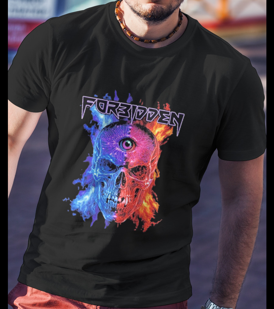 FORBIDDEN Skull Eye Flames Blue Red Fusion T-Shirt