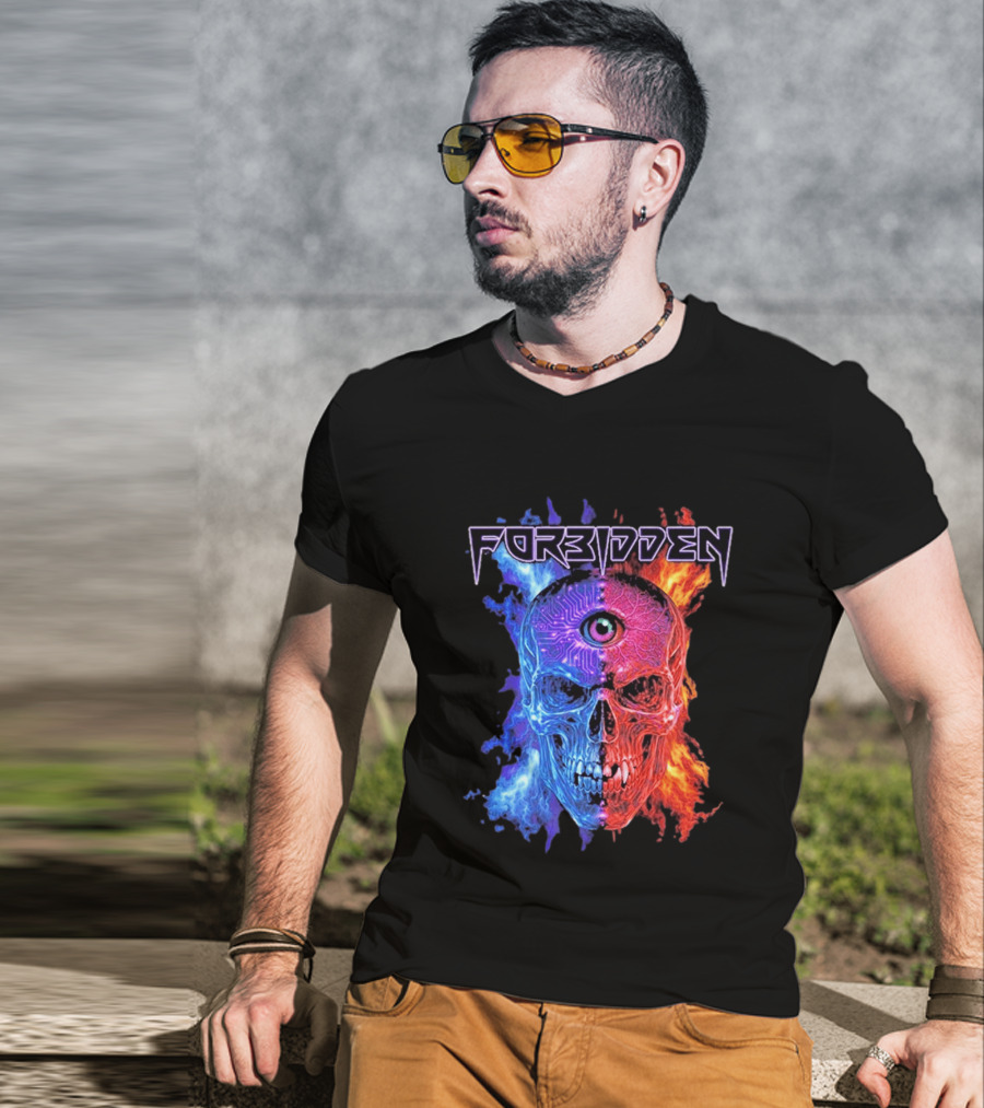FORBIDDEN Skull Eye Flames Blue Red Fusion T-Shirt