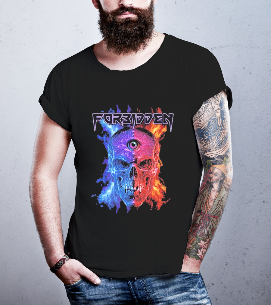 FORBIDDEN Skull Eye Flames Blue Red Fusion T-Shirt