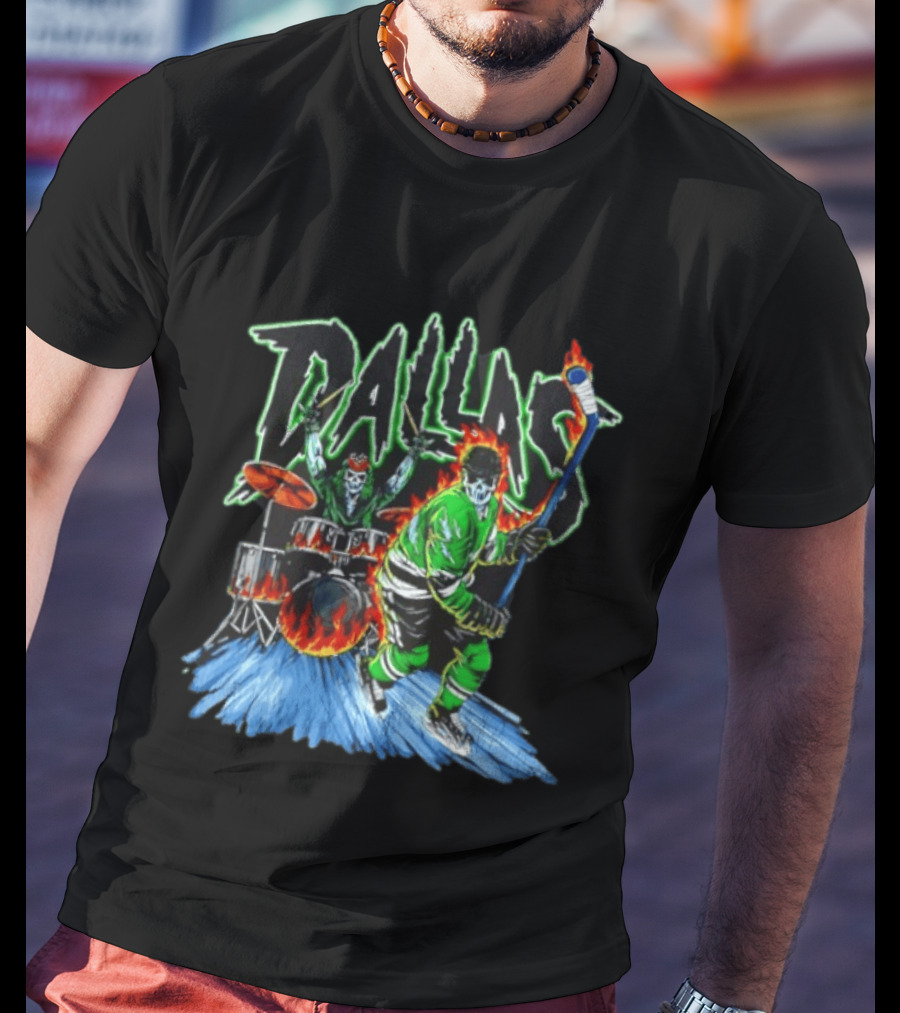 Dallas Stars Skeleton Hockey Fire With Drummer T-Shirt