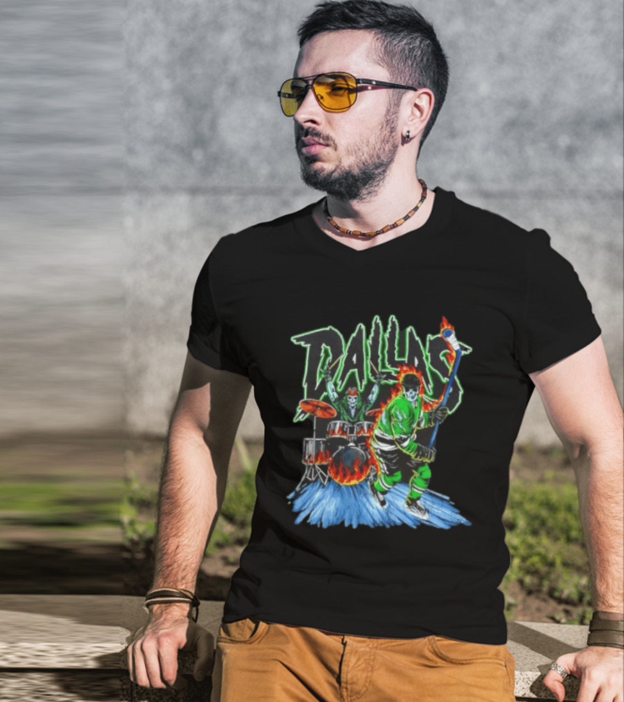 Dallas Stars Skeleton Hockey Fire With Drummer T-Shirt