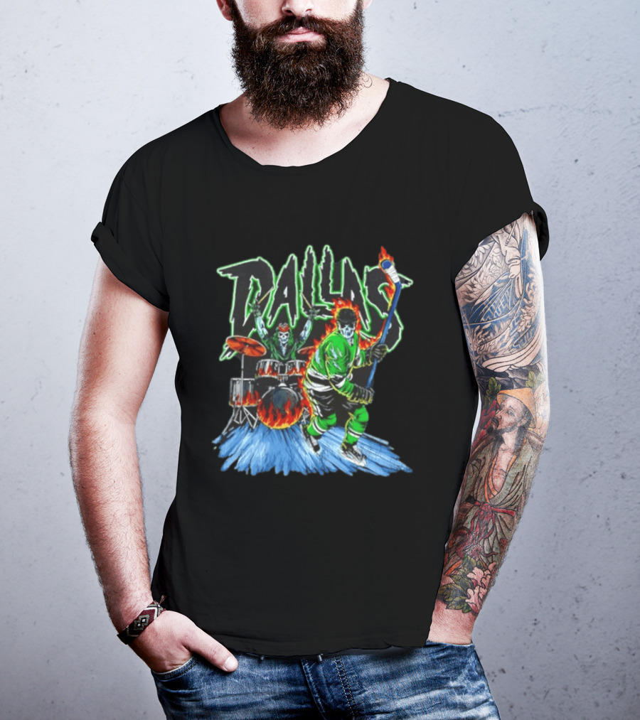Dallas Stars Skeleton Hockey Fire With Drummer T-Shirt