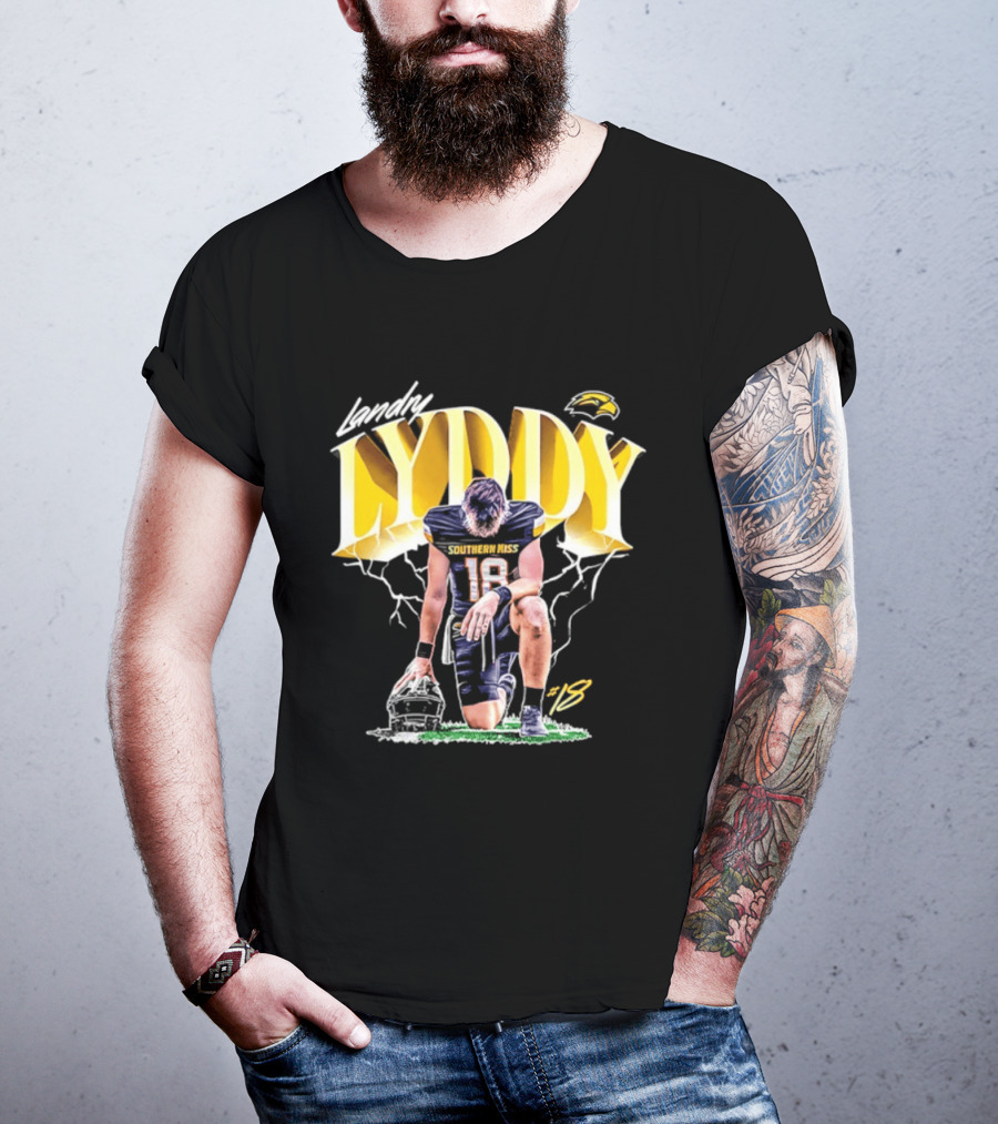 Landry Lyddy 18 Southern Miss Golden Eagles NCAA Football Player Lightning Kneeling Pose T-Shirt
