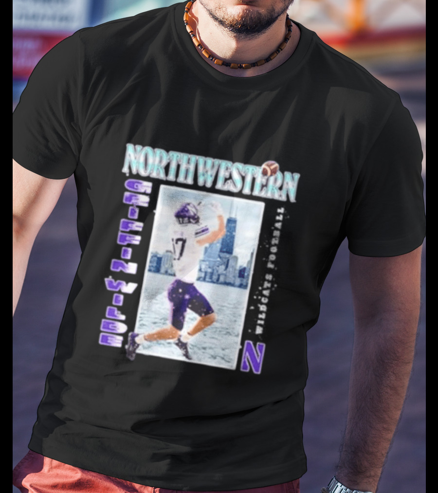 Northwestern Wildcats Football Griffin Wilde No 17 Chicago Skyline T-Shirt