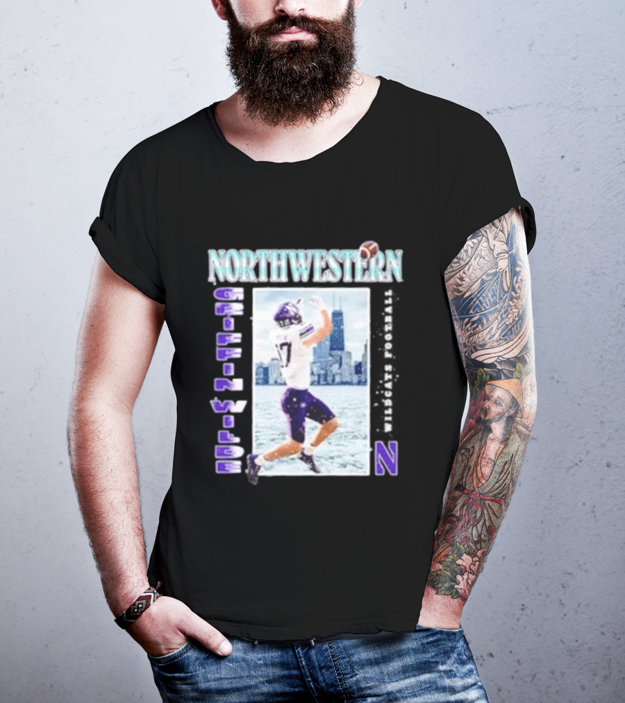 Northwestern Wildcats Football Griffin Wilde No 17 Chicago Skyline T-Shirt