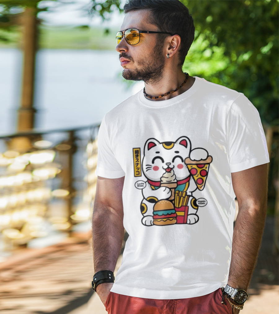 Lucky Bites Happy Vibes Maneki Neko Cat Ice Cream Pizza Burger Fries T-Shirt