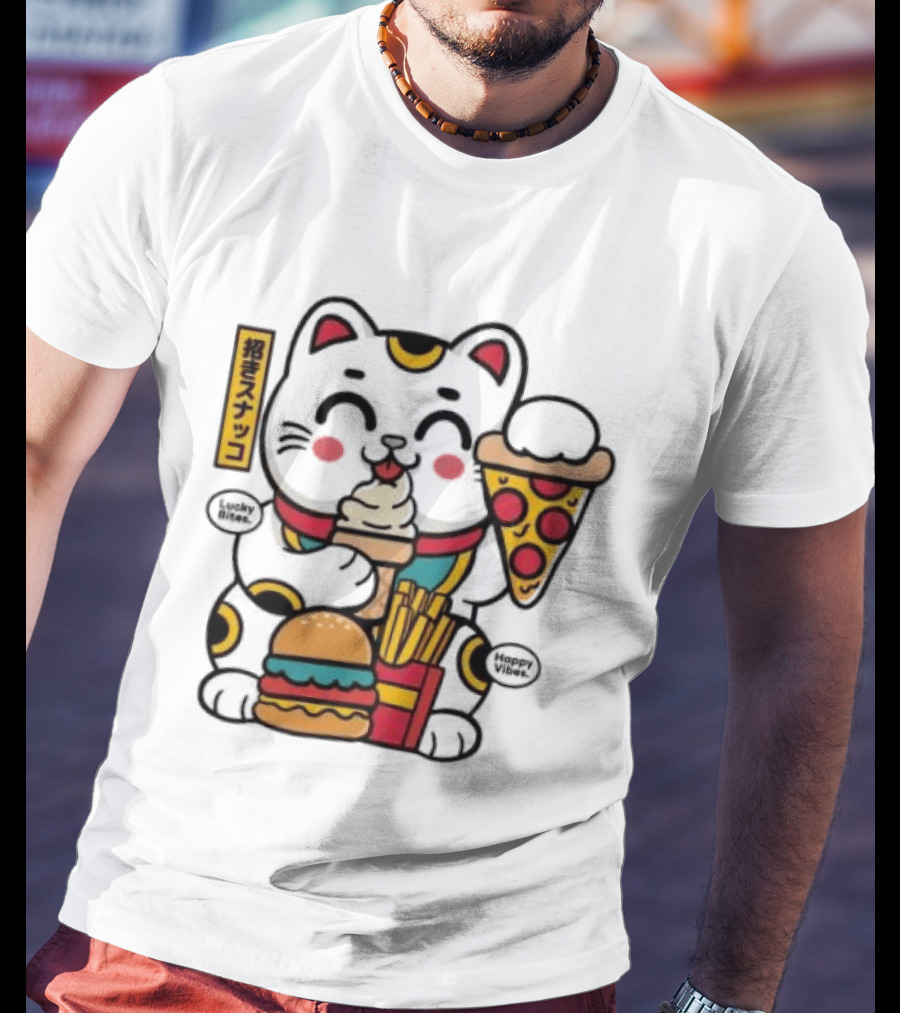 Lucky Bites Happy Vibes Maneki Neko Cat Ice Cream Pizza Burger Fries T-Shirt