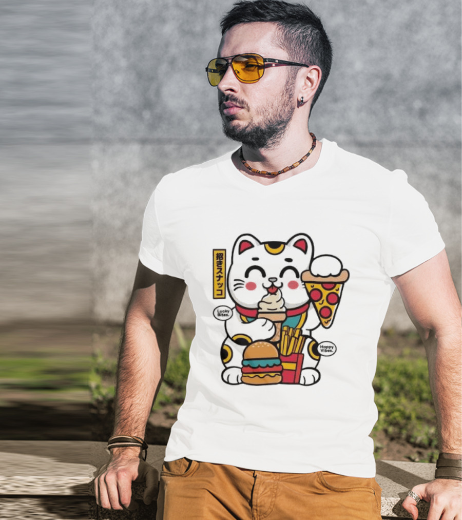 Lucky Bites Happy Vibes Maneki Neko Cat Ice Cream Pizza Burger Fries T-Shirt