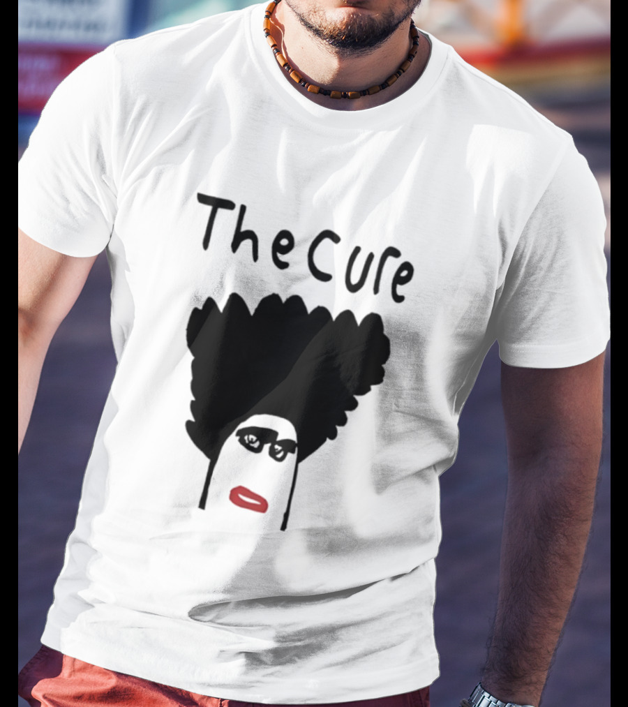 The Cure Hand Drawn Robert Smith Bold Hair Red Lips Black Glasses T-Shirt
