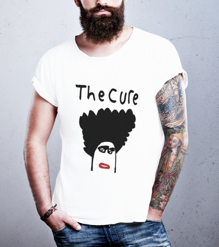 The Cure Hand Drawn Robert Smith Bold Hair Red Lips Black Glasses T-Shirt