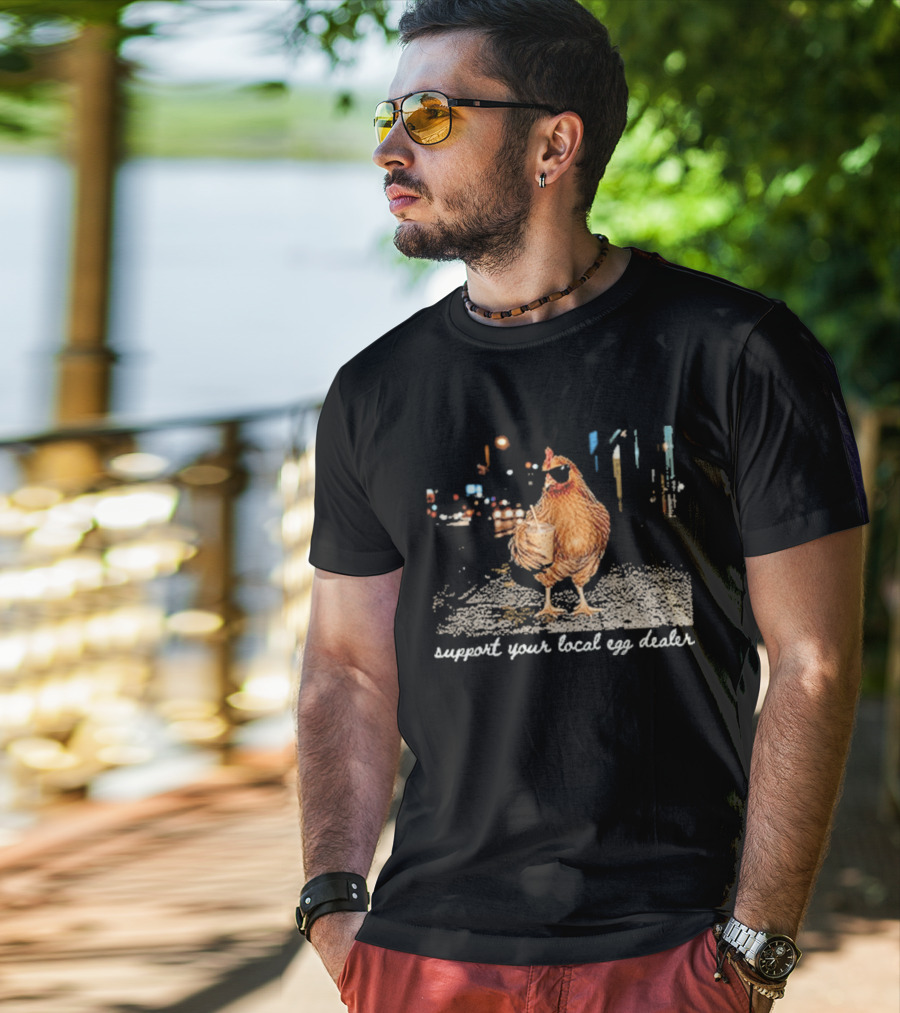 Chicken Drinking Iced Coffee Support Your Local Egg Dealer T-Shirt