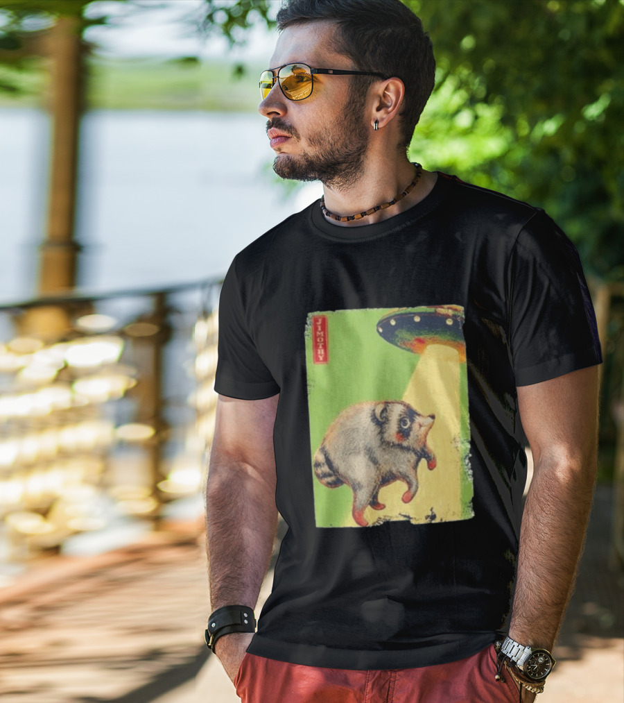Jimothy Raccoon Abducted By UFO Alien Beam On Green T-Shirt