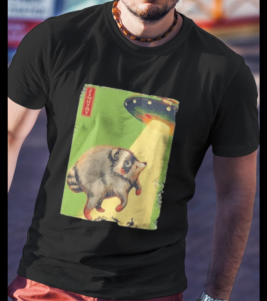 Jimothy Raccoon Abducted By UFO Alien Beam On Green T-Shirt