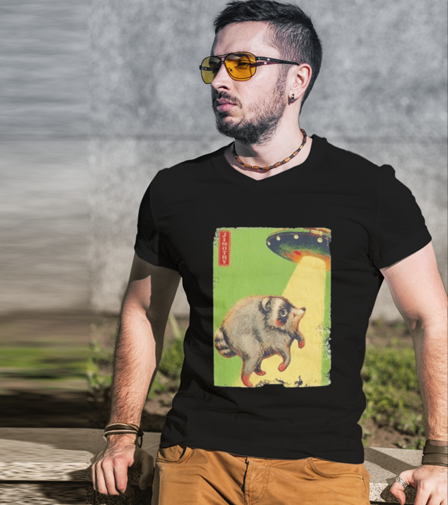 Jimothy Raccoon Abducted By UFO Alien Beam On Green T-Shirt