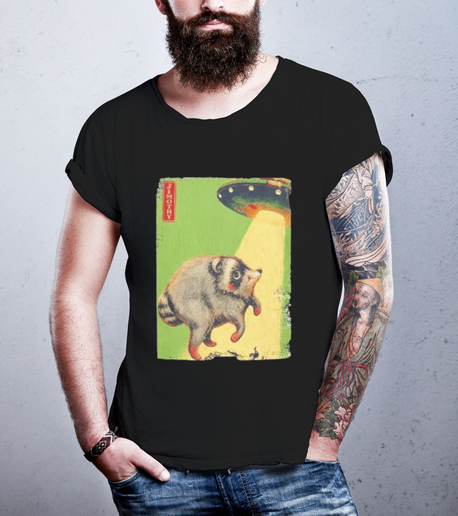 Jimothy Raccoon Abducted By UFO Alien Beam On Green T-Shirt