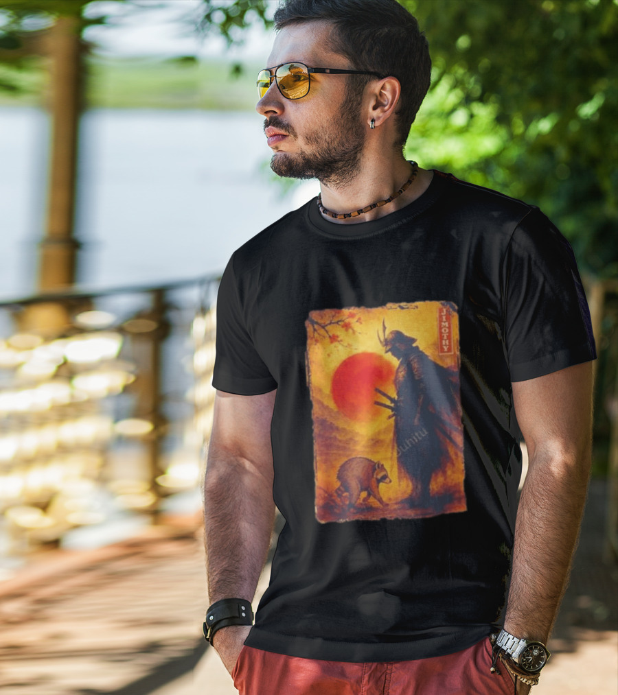 Jimothy Samurai Warrior And Raccoon Japanese Sunset T-Shirt