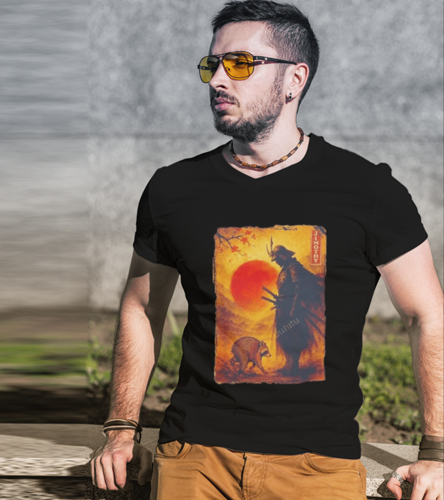 Jimothy Samurai Warrior And Raccoon Japanese Sunset T-Shirt