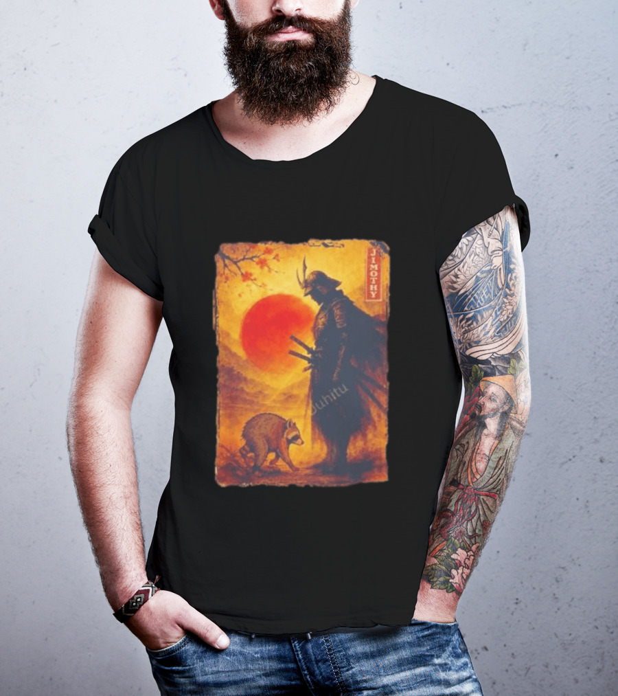 Jimothy Samurai Warrior And Raccoon Japanese Sunset T-Shirt