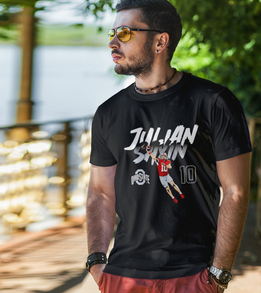 Julian Sayin Ohio State Buckeyes Number 10 Football Player Action Pose T-Shirt