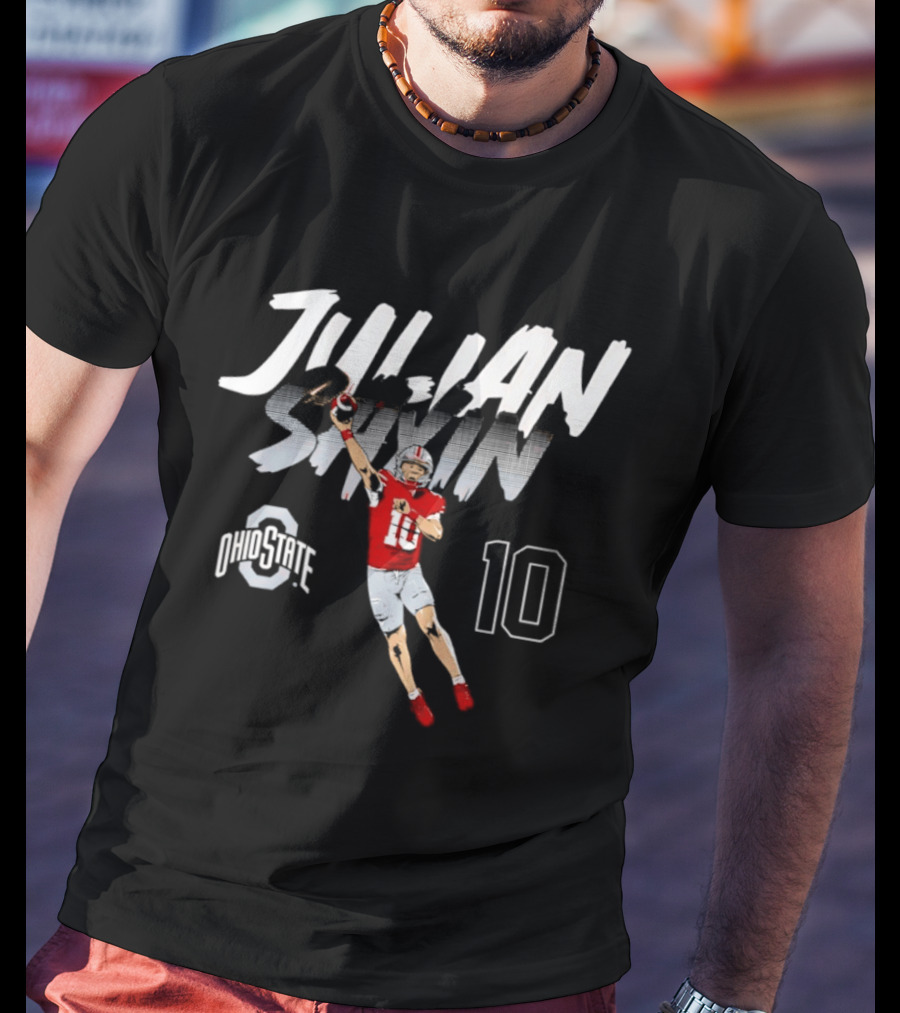 Julian Sayin Ohio State Buckeyes Number 10 Football Player Action Pose T-Shirt