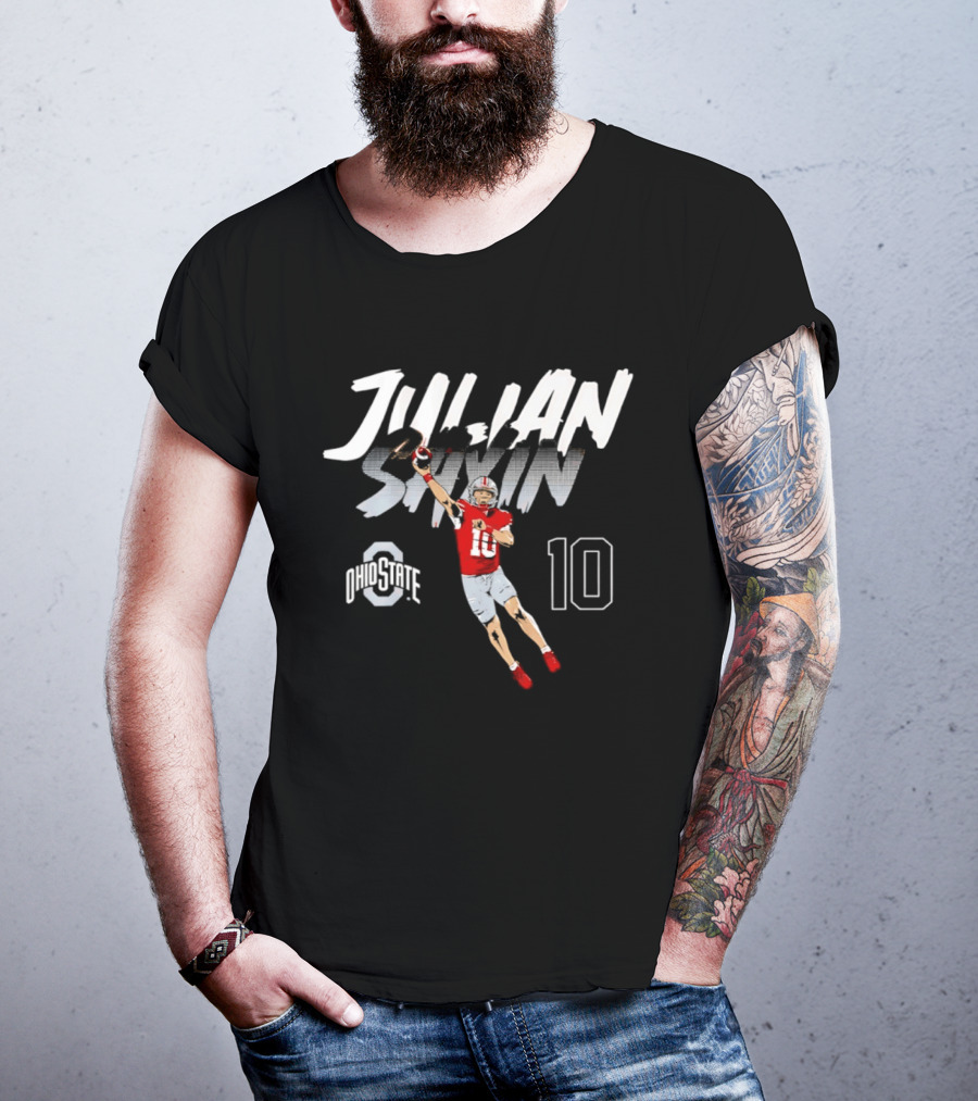 Julian Sayin Ohio State Buckeyes Number 10 Football Player Action Pose T-Shirt
