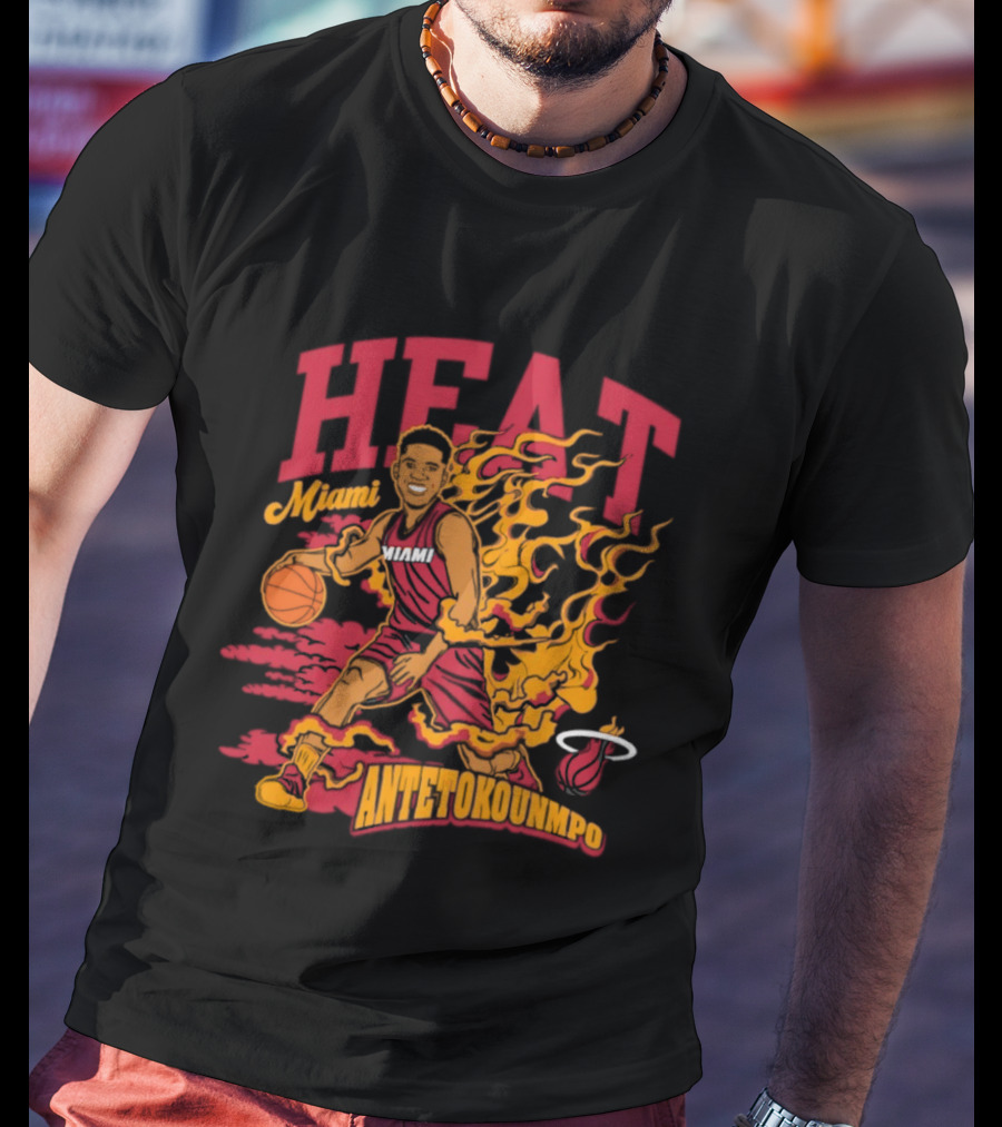 Miami Heat Giannis Antetokounmpo Basketball Caricature With Flames T-Shirt