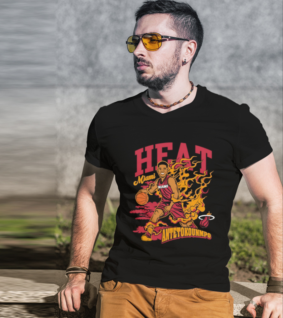 Miami Heat Giannis Antetokounmpo Basketball Caricature With Flames T-Shirt