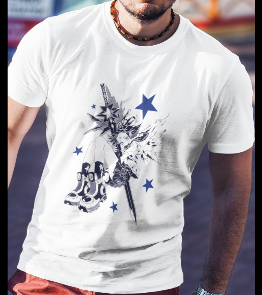 Arkestar Anime Girl Sword Wings Blue Stars T-Shirt